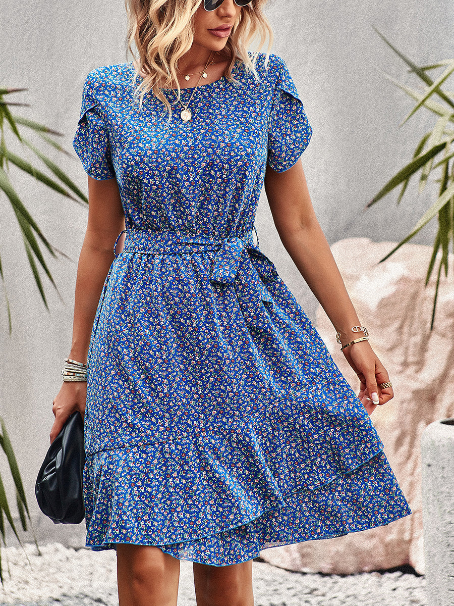 Women's Dresses Temperament Floral Casual Strap Waist Round Neck Mini Dress