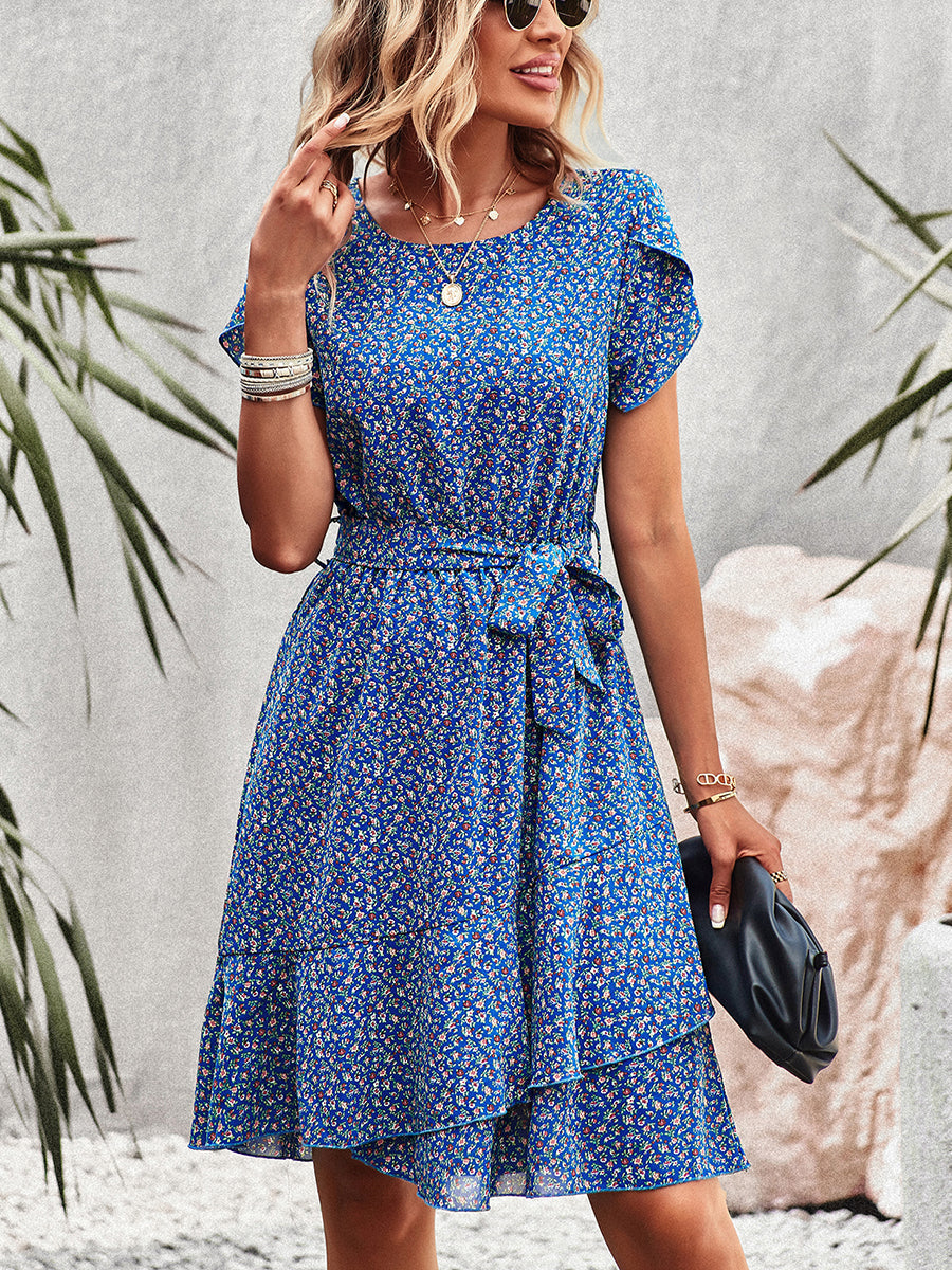 Women's Dresses Temperament Floral Casual Strap Waist Round Neck Mini Dress