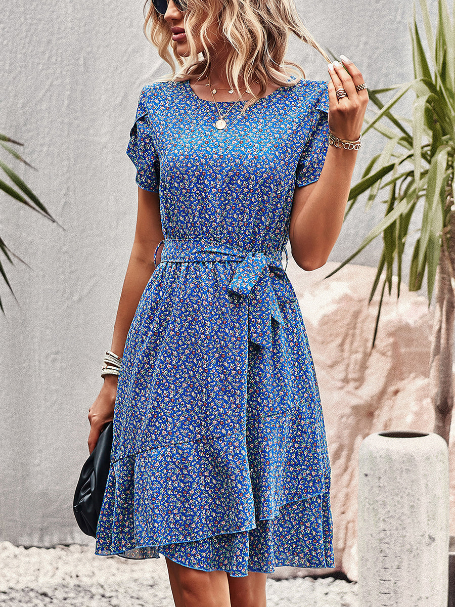 Women's Dresses Temperament Floral Casual Strap Waist Round Neck Mini Dress
