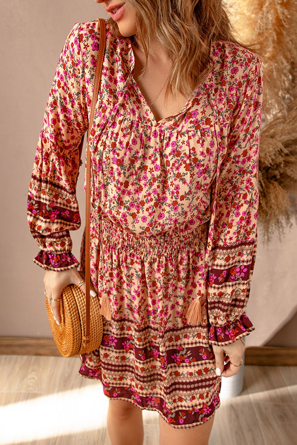 Pink V Neck Boho Floral Dress