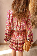 Pink V Neck Boho Floral Dress