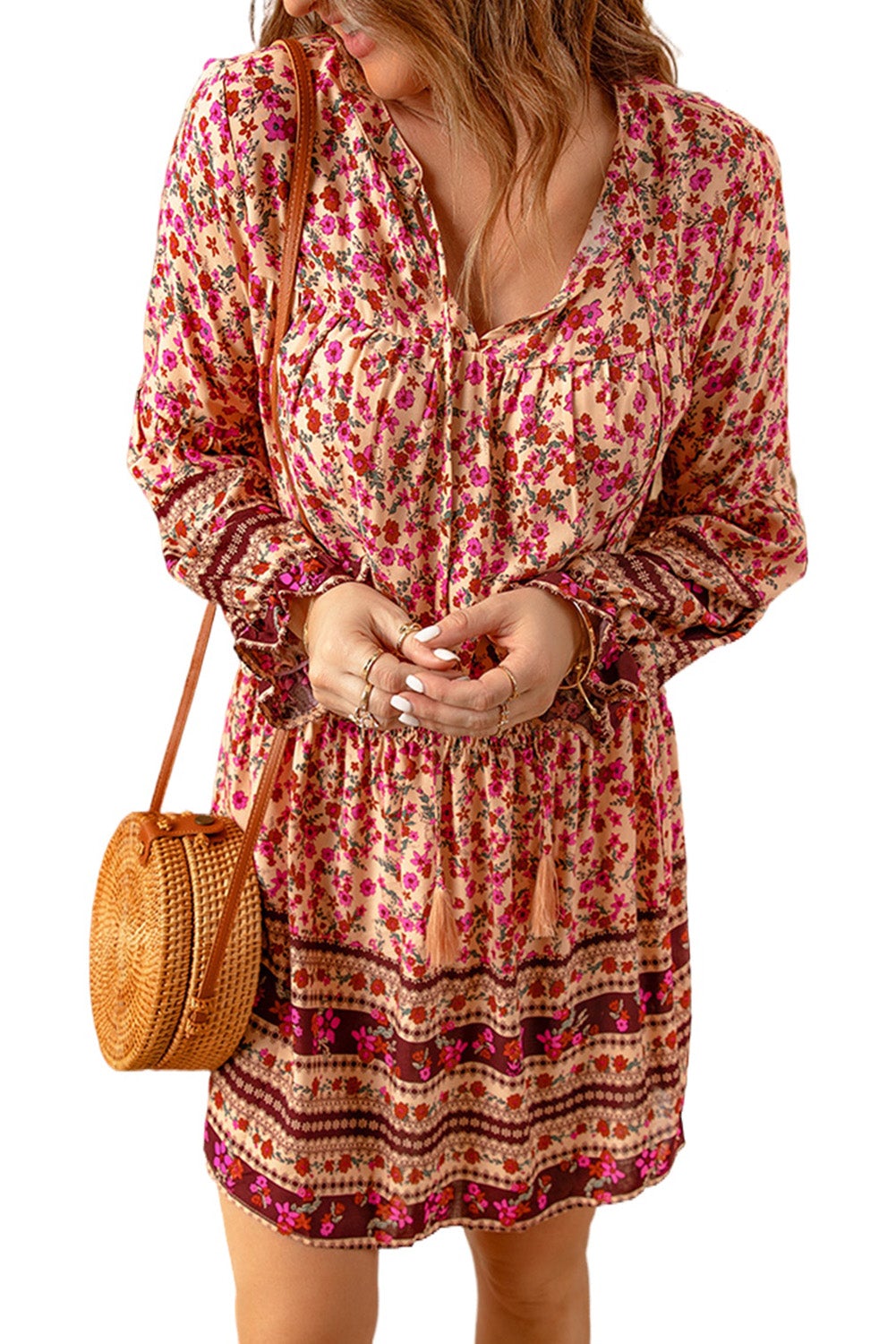 Pink V Neck Boho Floral Dress
