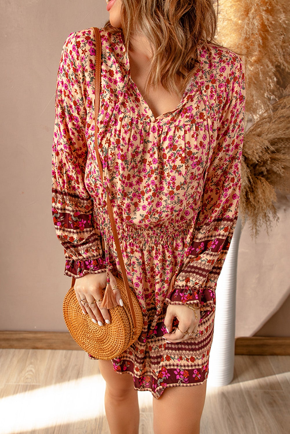 Pink V Neck Boho Floral Dress