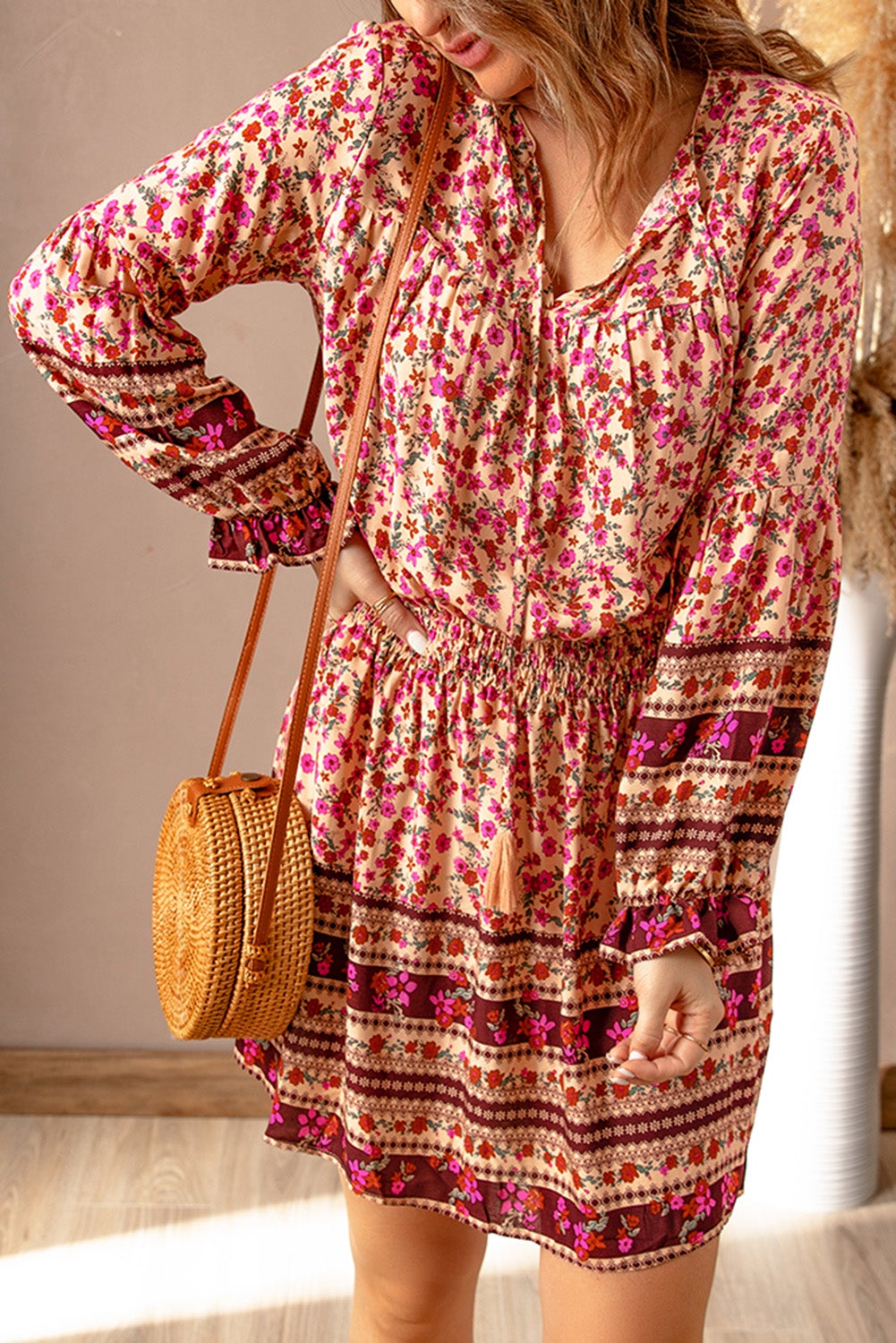 Pink V Neck Boho Floral Dress