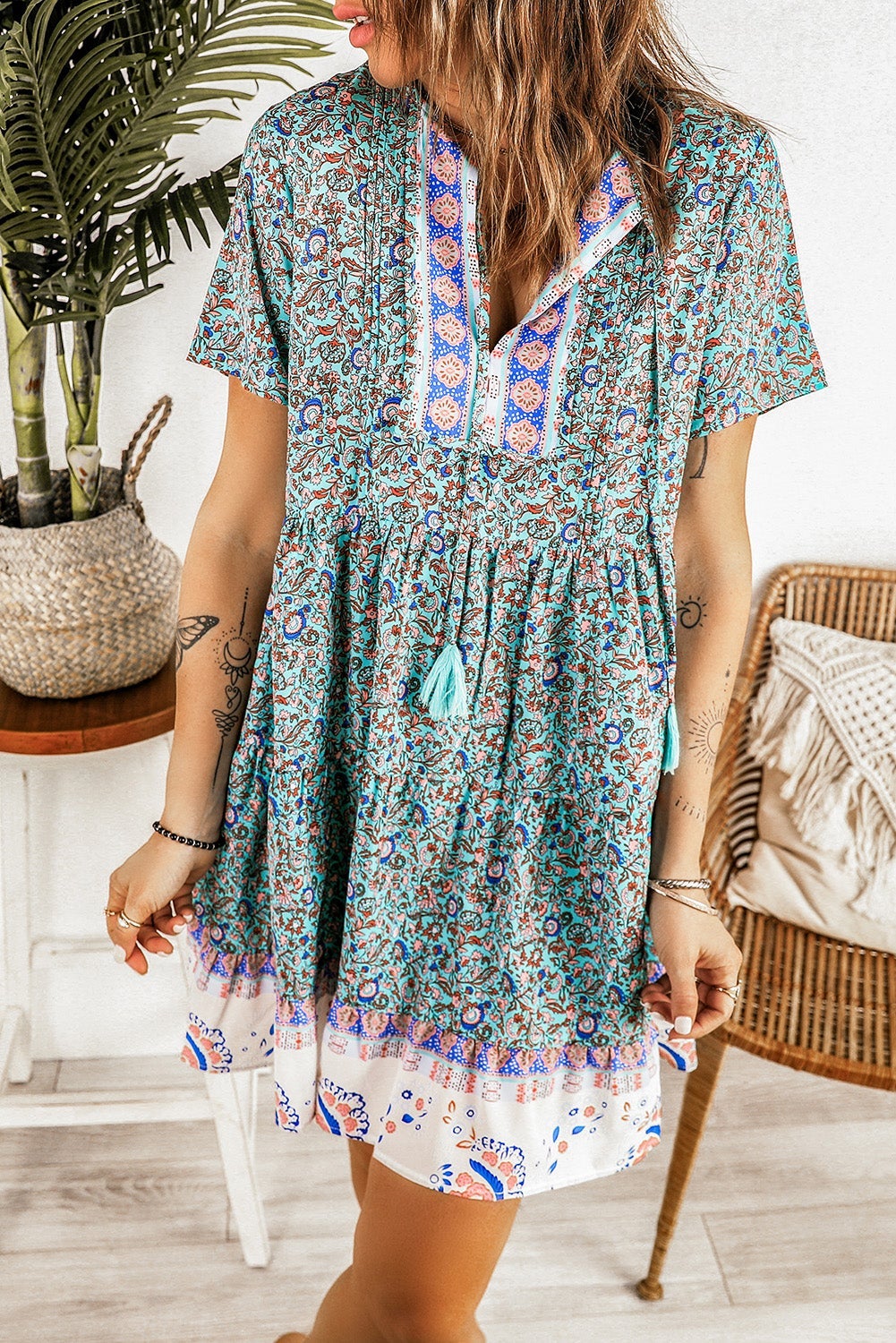 Green Floral Babydoll Tunic Dress