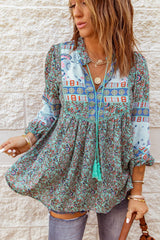 Green Split Neck Floral Blouse