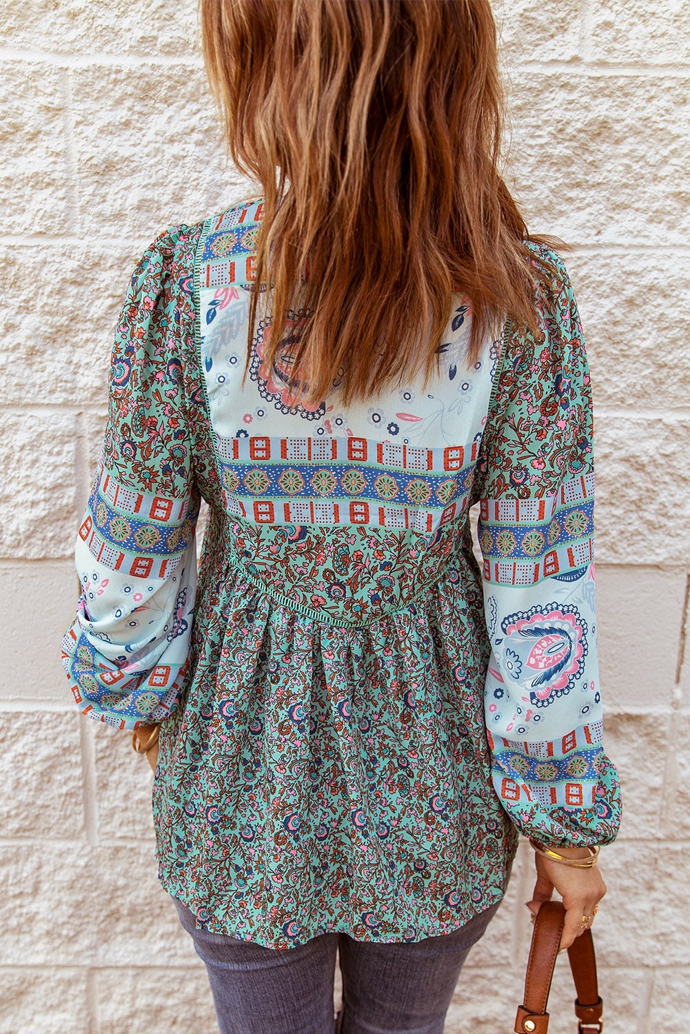 Green Split Neck Floral Blouse