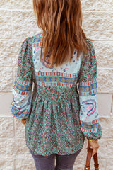 Green Split Neck Floral Blouse