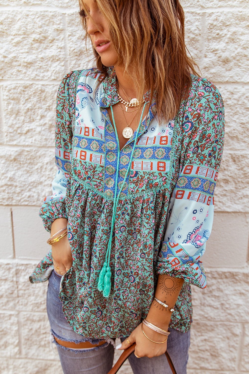 Green Split Neck Floral Blouse