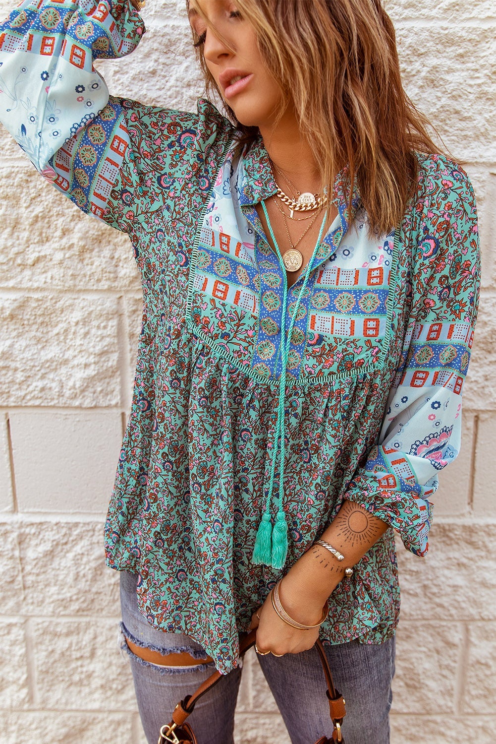 Green Split Neck Floral Blouse