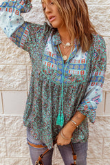 Green Split Neck Floral Blouse