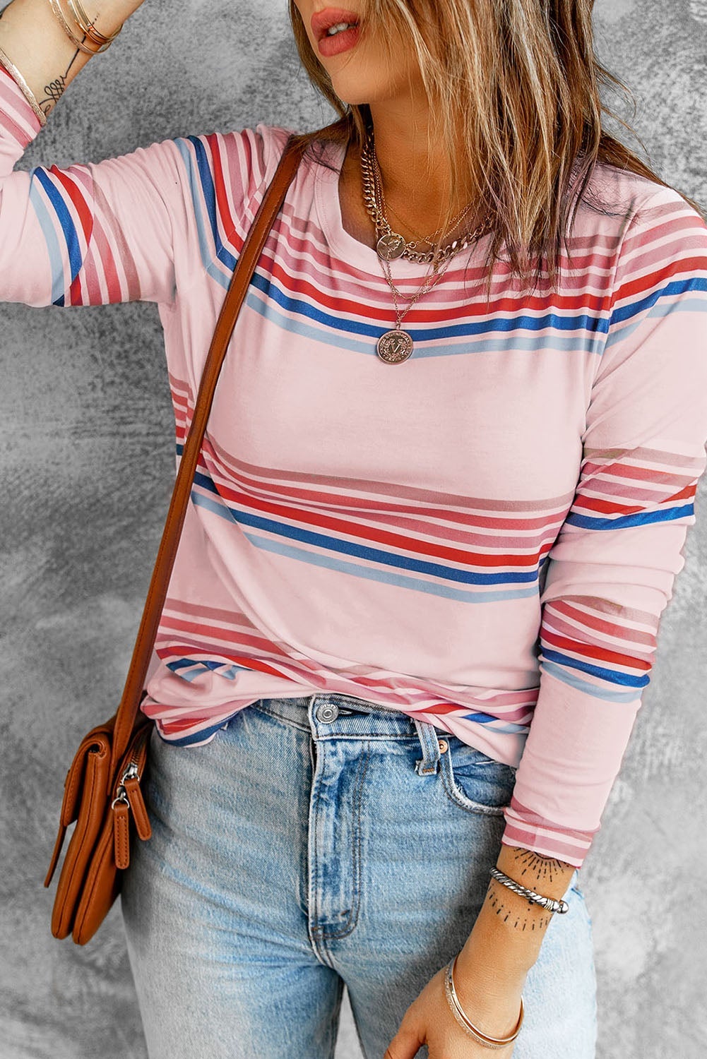 Pink Stripe Print Crew Neck Top