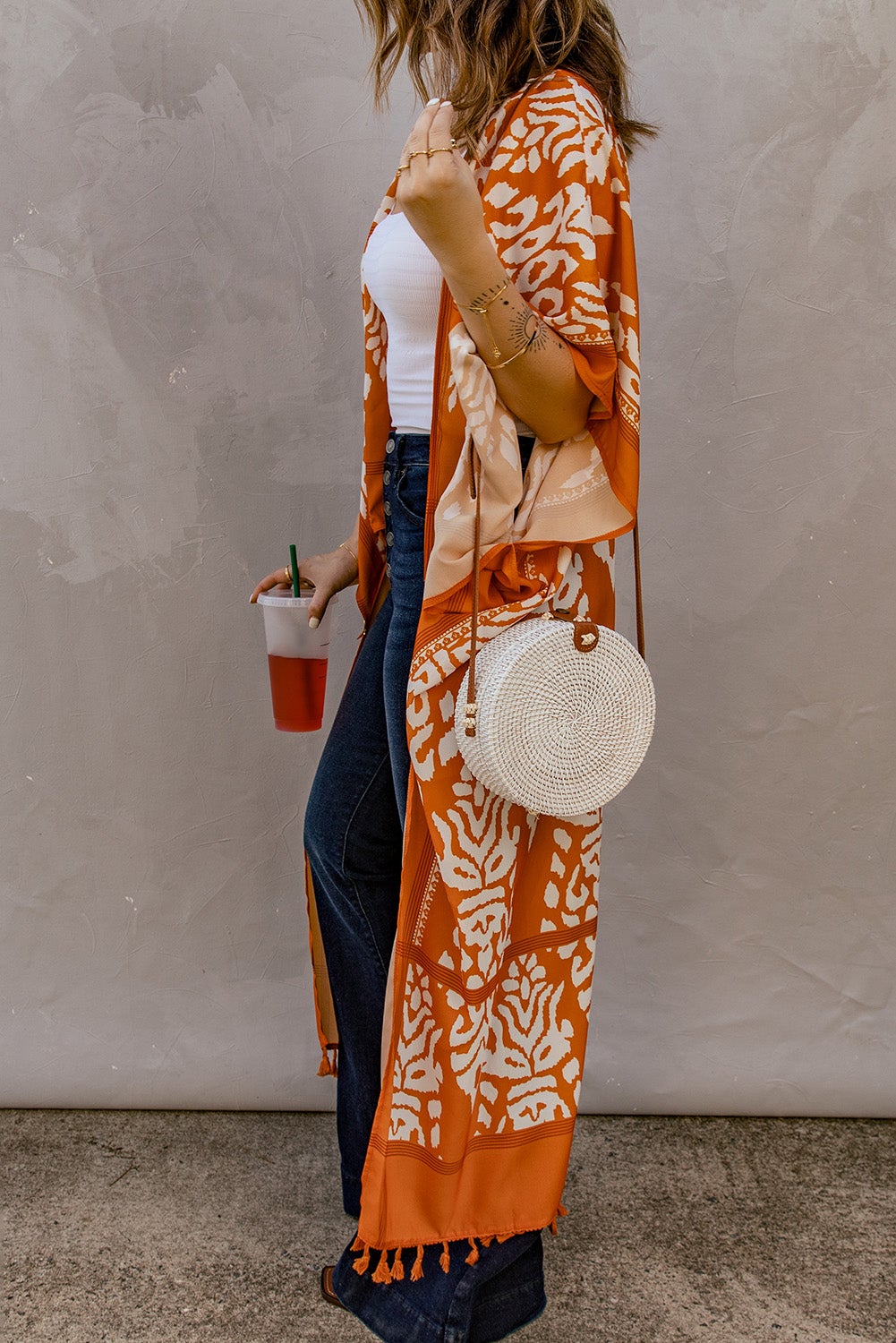 Yellow Printed Tassel Kimono