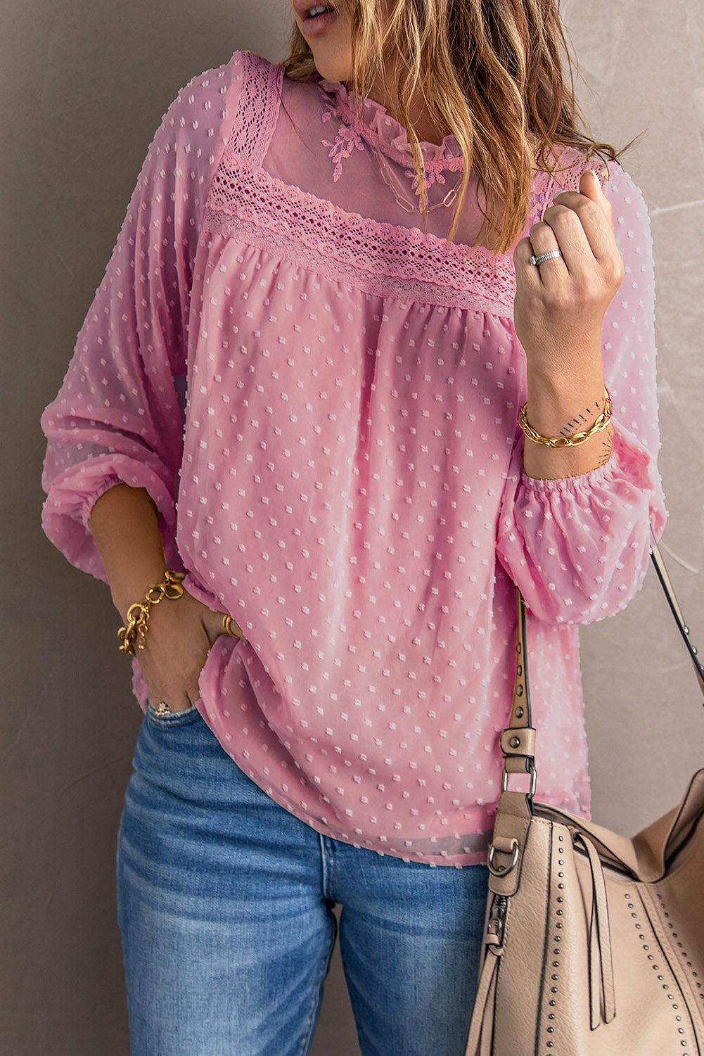Pink Frill Neck Swiss Dot Blouse