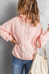 Pink Turtleneck Cable Knit Sweater