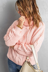 Pink Turtleneck Cable Knit Sweater