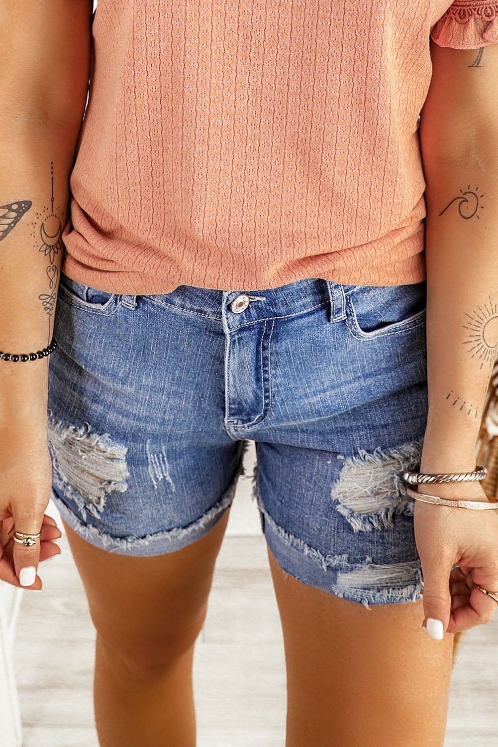 Ripped Rolled Hem Denim Shorts