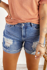 Ripped Rolled Hem Denim Shorts