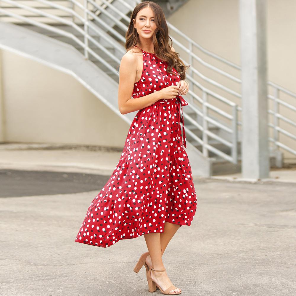 Sleeveless Halter Neck Tie Waist Polka Dot Maxi Dress