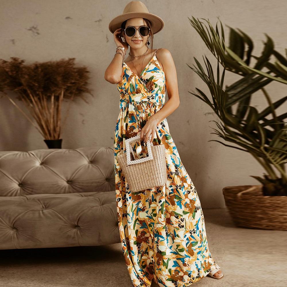 Sleeveless Spaghetti Cross Strap V Neck Maxi Dress