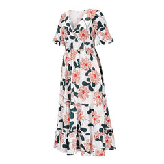 Cross V Neck Short Sleeve High Waist Floral Maxi Dress