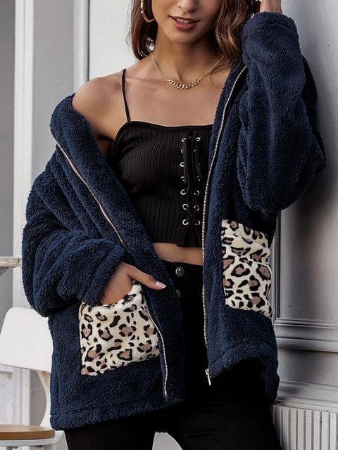 Leopard Patchwork Pocket Stand Collar Coat