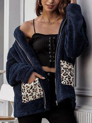 Leopard Patchwork Pocket Stand Collar Coat