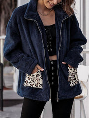 Leopard Patchwork Pocket Stand Collar Coat