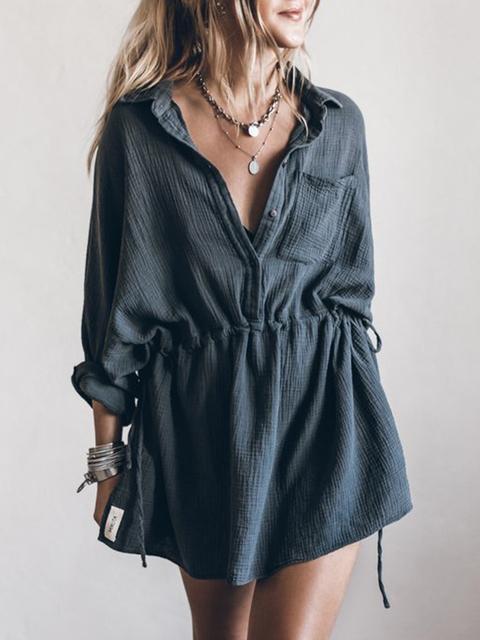Loose Cotton Linen V-neck Shirt Dress