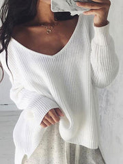 Loose V-neck Solid Color Knitted Sweater