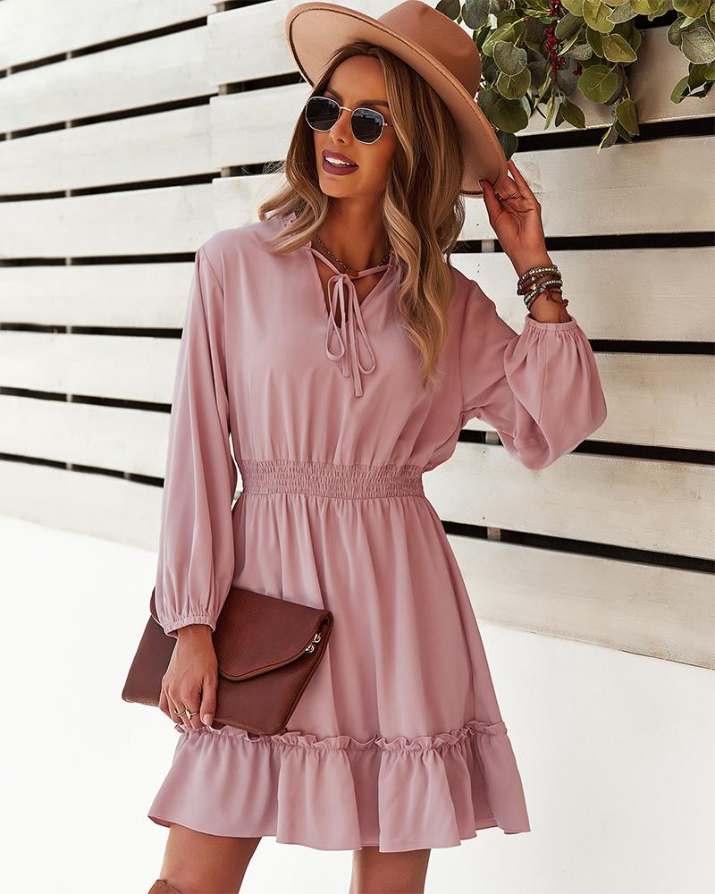 Elastic Waist Long Sleeve V Neck Mini Dress