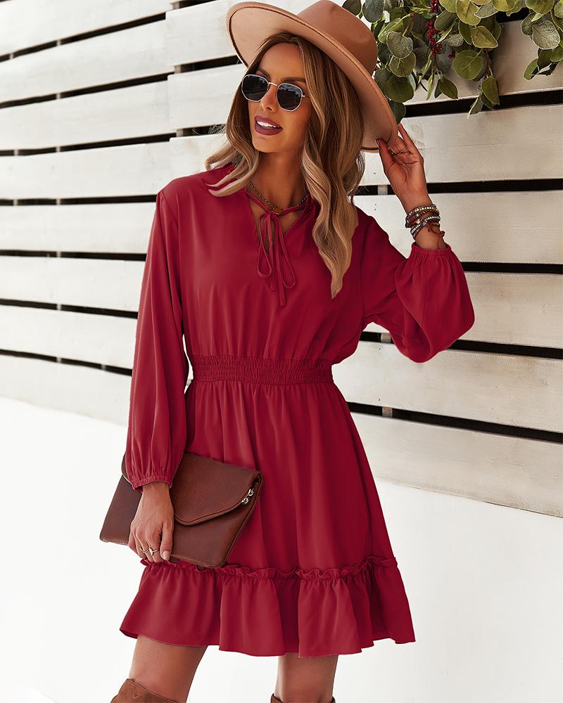 Elastic Waist Long Sleeve V Neck Mini Dress