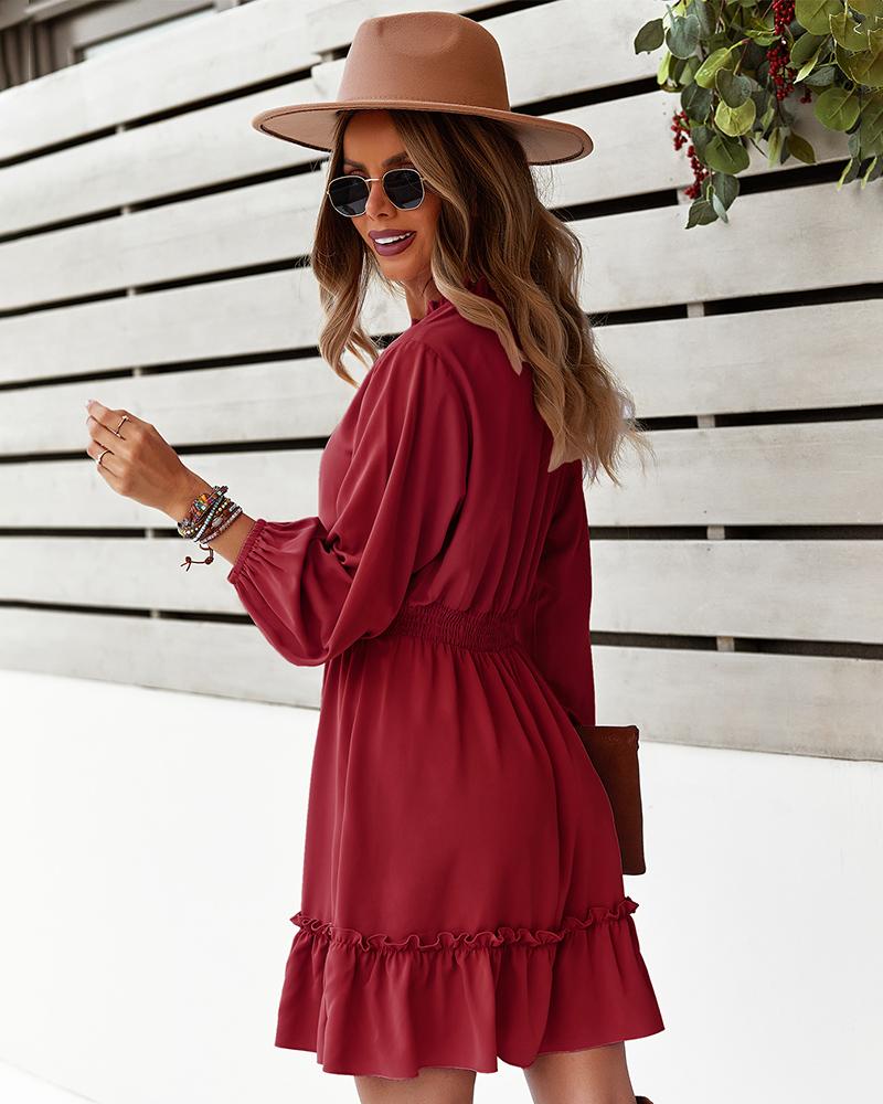 Elastic Waist Long Sleeve V Neck Mini Dress