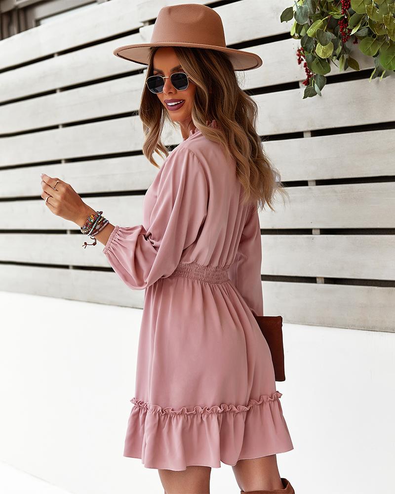 Elastic Waist Long Sleeve V Neck Mini Dress