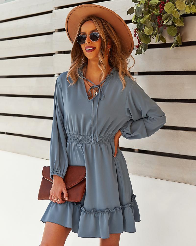 Elastic Waist Long Sleeve V Neck Mini Dress