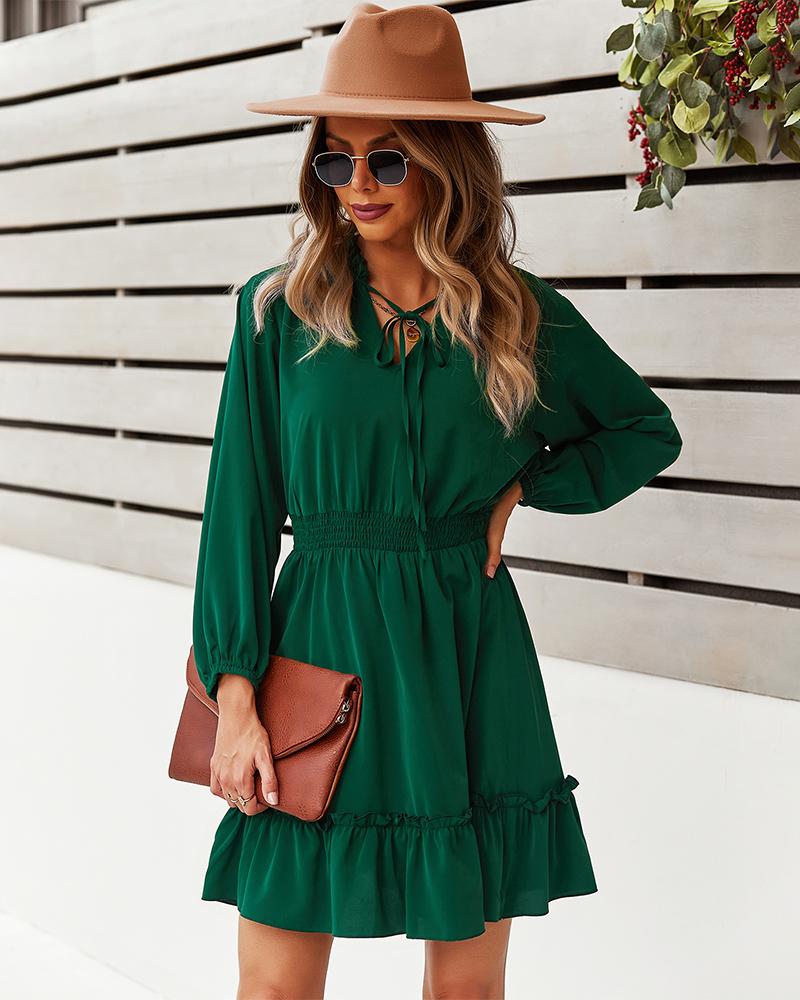 Elastic Waist Long Sleeve V Neck Mini Dress