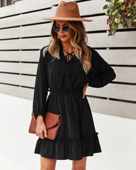 Elastic Waist Long Sleeve V Neck Mini Dress