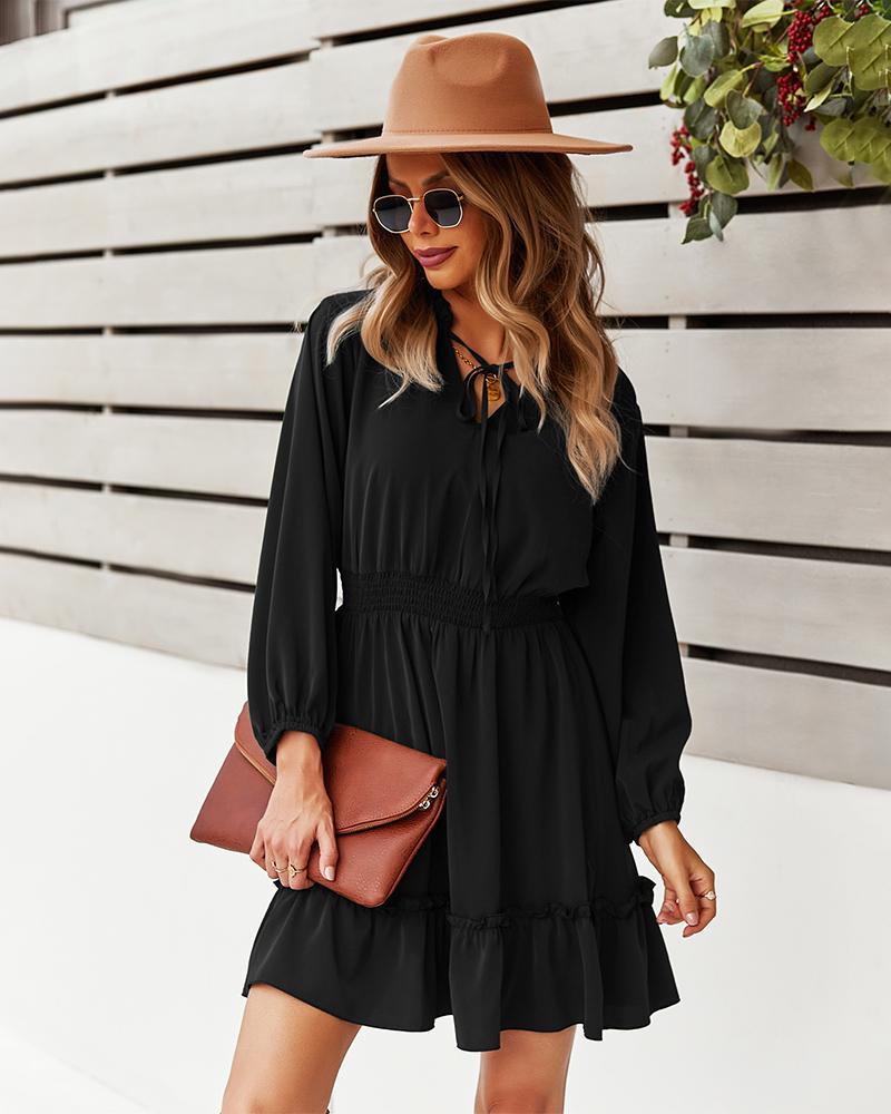 Elastic Waist Long Sleeve V Neck Mini Dress