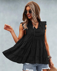 Ruffle Cap Sleeve V Neck Swiss Dot Tank Tops