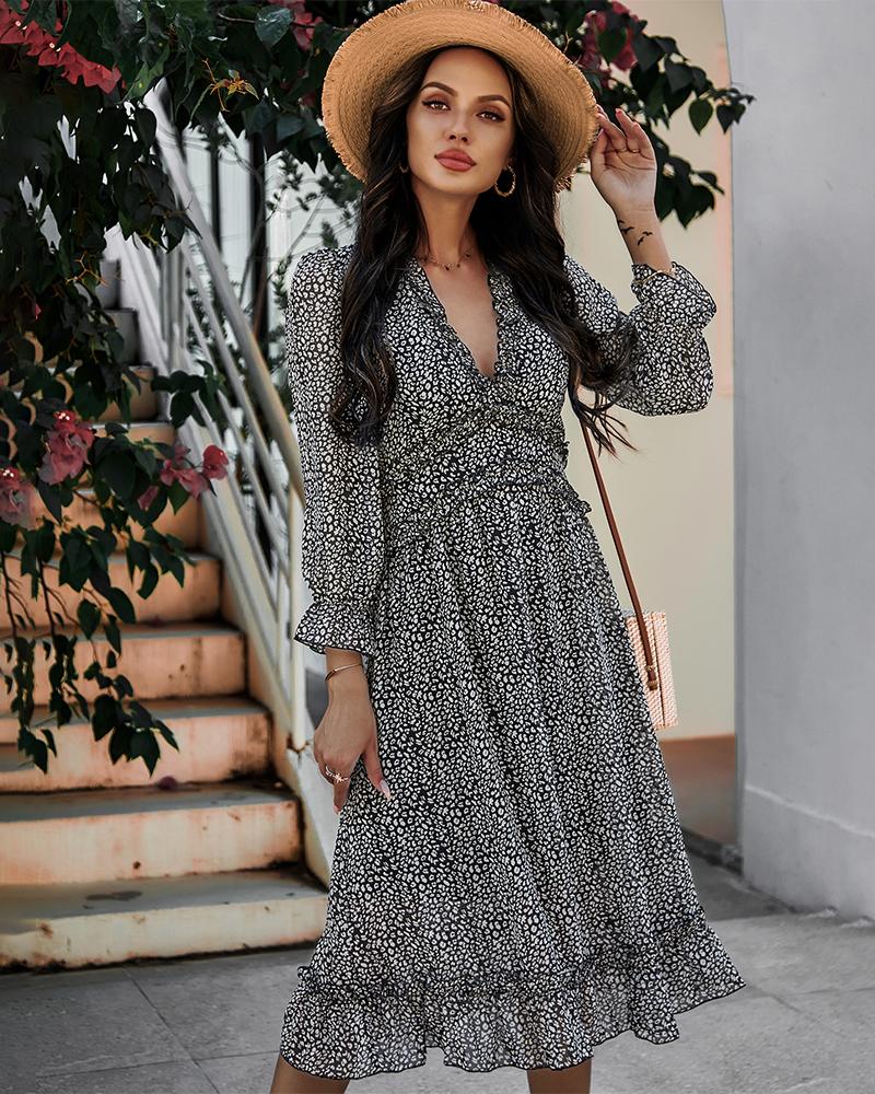 Deep V Neck Floral Long Sleeve Ruffle Hem Maxi Dress