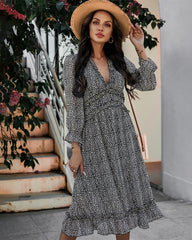 Deep V Neck Floral Long Sleeve Ruffle Hem Maxi Dress