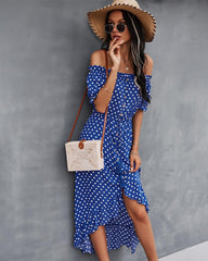 Off Shoulder Polka Dot Button Down Maxi Dress
