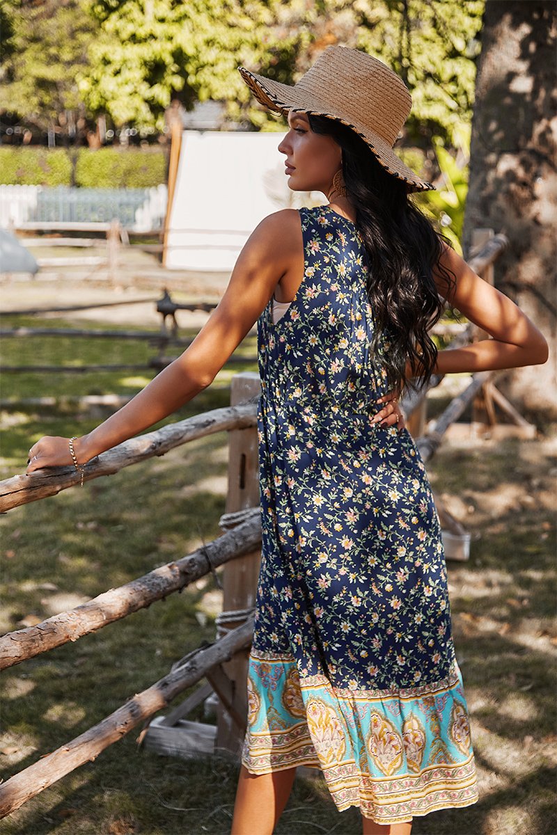 Sleeveless V Neck Flower Print Long Maxi Dress
