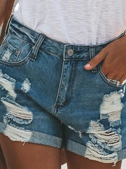 Mid Waist Ripped Hot Denim Shorts