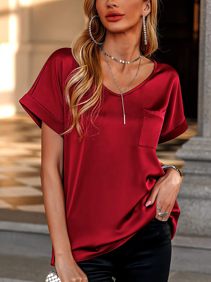 Women's T-Shirts V Neck Pocket Rolled Short Sleeve Loose Casual T-Shirt