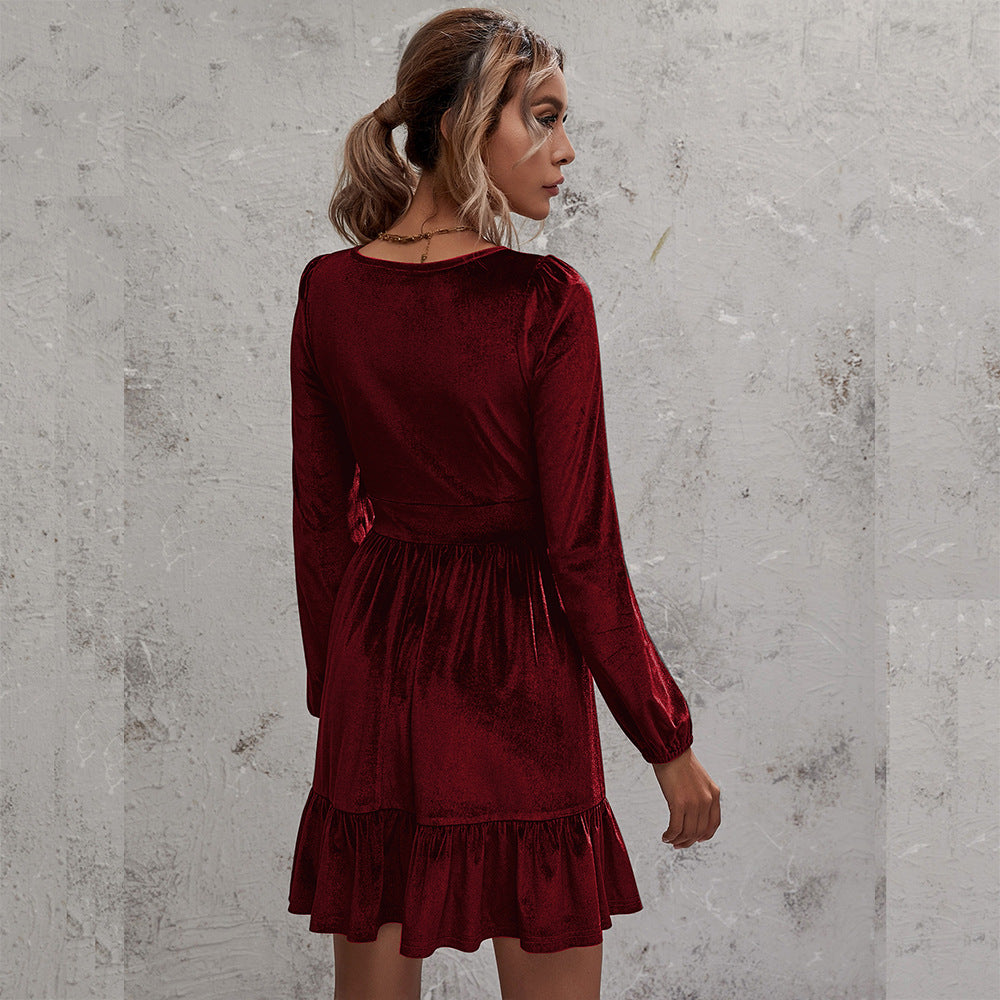Fashion Deep V-Neck Long Sleeve Flared Mini Dress