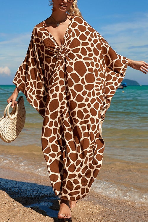 Print V Neck Bat Maxi Dress