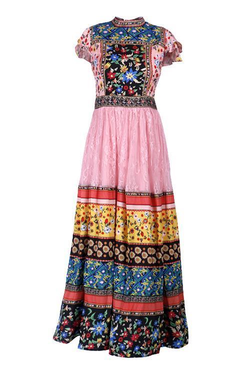 Vintage Print Lace Maxi Dress