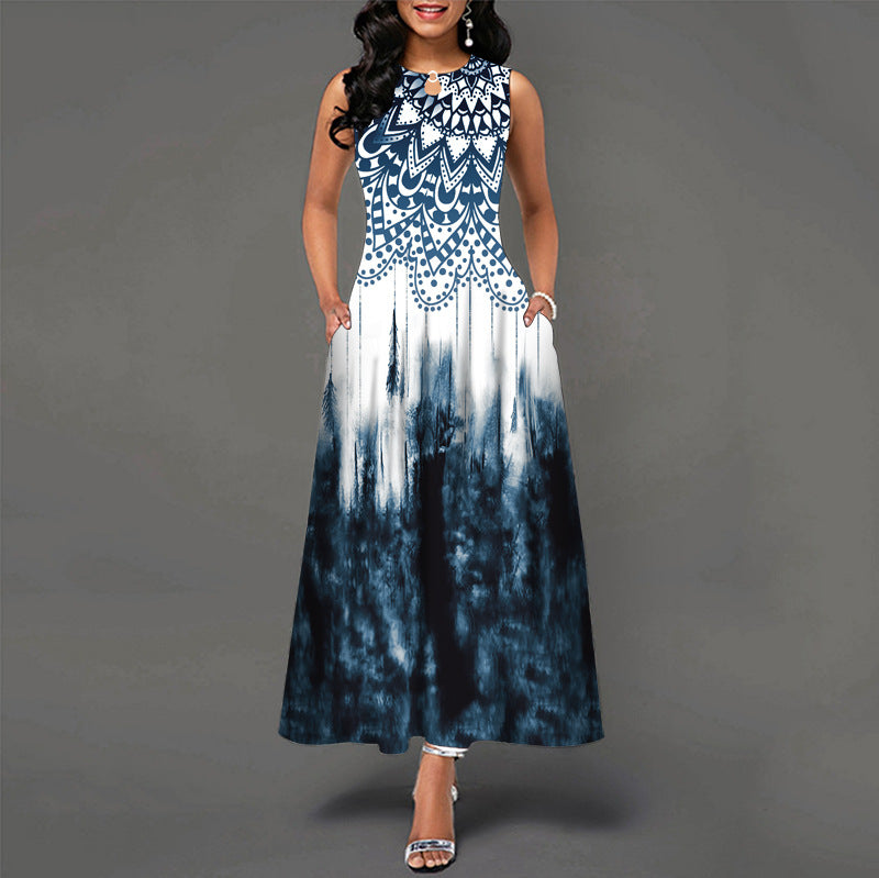 Sleeveless Flower Print Pleated Flared Round Neck Maxi Dress