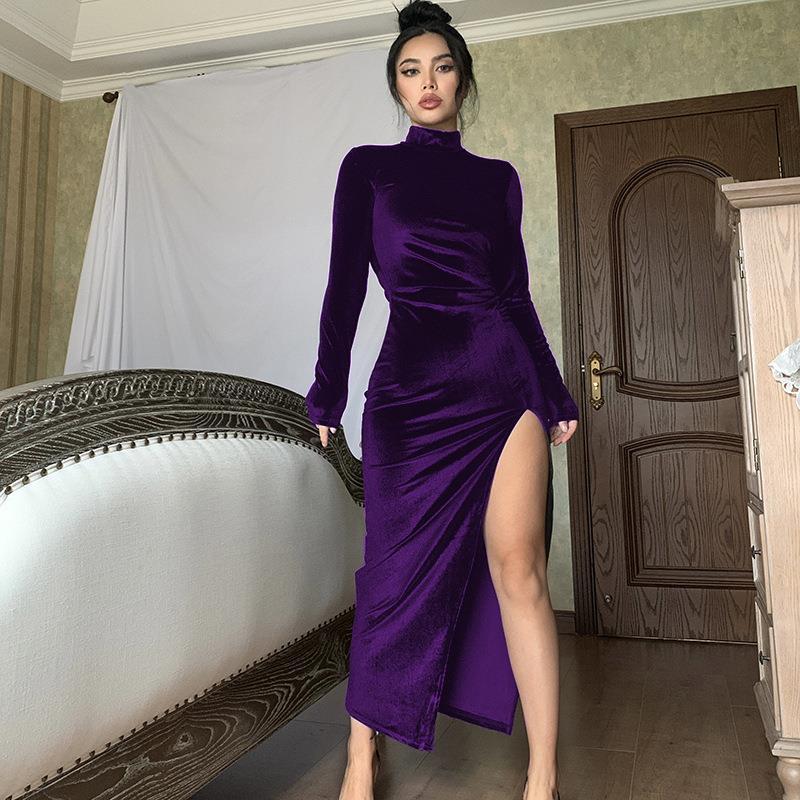 Turtle Neck Long Sleeve Side Split Bodycon Maxi Dress